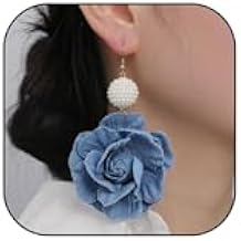 Denim Hoop Earrings for Women Boho Flower Dangle Hook Long Earrings Simple Exaggerated Big Circle Round Statement Earring Denim Dress Shirt Outfit