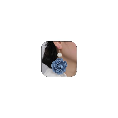 Denim Hoop Earrings for Women Boho Flower Dangle Hook Long Earrings Simple Exaggerated Big Circle Round Statement Earring Denim Dress Shirt Outfit