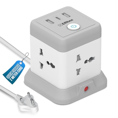 Image of EMBOX Cube Extension Board with USB Type C (2.4 A) (QC 3.0) | 2500W Extension Board with Switches | Extension Cord with Universal Sockets Safety Shutter & Overload Protector, 2 Meter