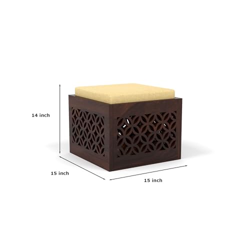 Image of Solid Sheesham Wood Coffee Table with 4 Stool | Center Table with 4 Stools for Living Room | Rosewood Teapoy Table with Cushioned Stool (CNC,Walnut Finish)
