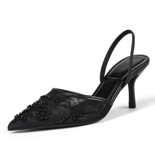 Image of Fashion Mesh Slingback Pumps Shoes for Women Ankle Strap Pointed Toe Pumps