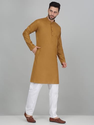 Image of KRAFT INDIA Men's Cotton Solid Kurta With Drawstring Pyjama Set