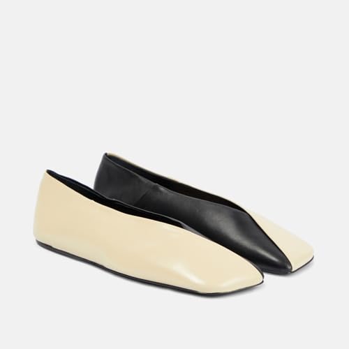Vertundy Leather Ballet Flats for Women Square Toe Slip On Loafer Shoes Comfortable Dress Work Ballerina Flats for Casual Two-Tone3