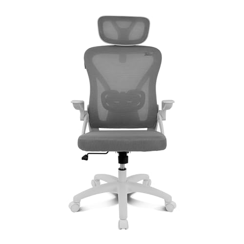DRAIR35 – Sedia da Scrivania Ergonomica per Ufficio e Casa in Rete Tesa Traspirante, Reclinabile 90-120°, Poggiatesta e Braccioli Pieghevoli, Supporta fino a 120 kg, Grigio-Bianco - Sedia gaming - Immagine 2