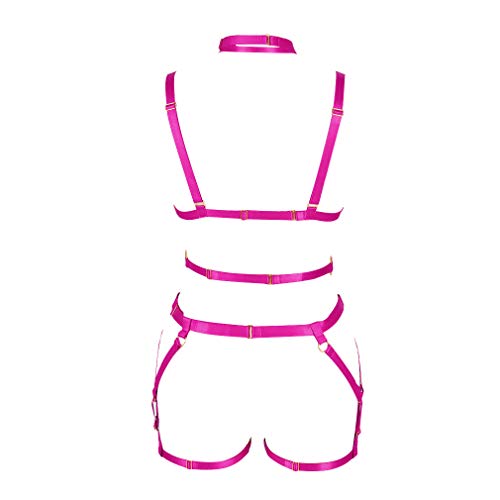 Women's Punk Harness Body Full Strappy Waist Belts EDC Dance Rave Wear (Rose Red)