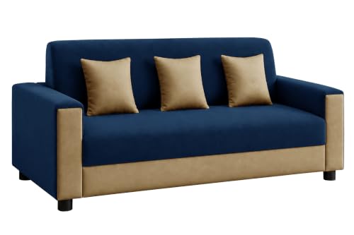 Image of 3 Seater Wooden Sofa | Velvet Fabric Couch with Cushions | Comfortable Living Room Sofa | Sturdy Wooden Frame | Home & Office Furniture | Blue & Beige