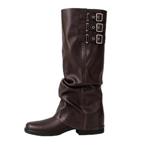 Image of MAVMAX Women Slouchy Knee High Boots Casual Round Toe Pull On Riding Biker Boots Fold Over Chunky Low Heel Platform Boot