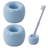 Airmoon Mini Ceramics Handmade Couple Toothbrush Holder Stand for Bathroom Vanity Countertops, Light Blue, Pack of 2