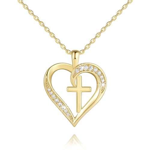 Cross Necklace for Women 14K Gold Cross Necklaces for Women Gold Heart Necklaces for Womens Crosses Chain Pendant Combine Classic Elements of Romantic and Faith Chain Crosses Heart Necklace for Womens 17.7+1.7in