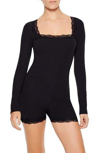 Forever 21 Women's Fitted Lace-Trim Romper Black/Black Large