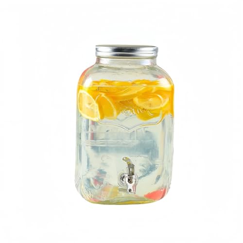 ガラスドリンクディスペンサー 蛇口付きドリンクサーバー 梅酒・果実酒保存瓶 密閉保存タンク 自家製ジュース・カクテル用 大容量クリアジャー (4L,A)