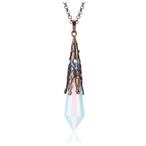 Top Plaza 12 Facet Natural Healing Crystal Opal Stone Necklace Antique Bronze Gemstone Point Pendulum Necklaces Reiki Quartz Jewelry for Women