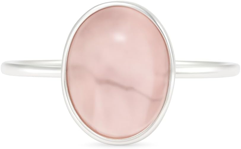 Oval Pink Gemstone Rose Quartz Ring 925 Sterling Silver Handmade Jewelry Dainty Stacking Ring Gift for Birthday Friendship or Any Occasion