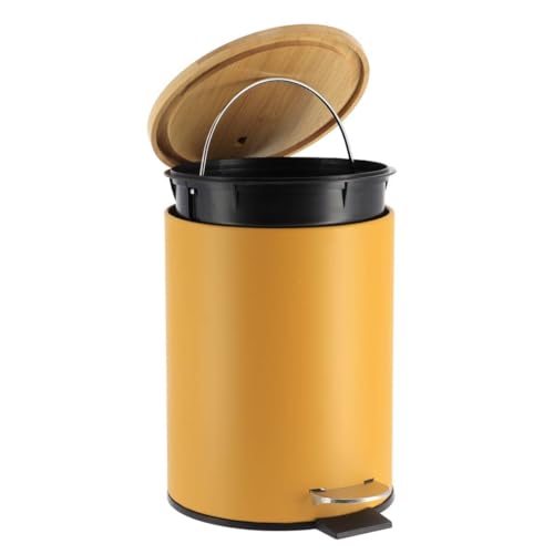 Caneca de basura amarilla con tapa de bambú y pedal, 2.5 L miniatura 4