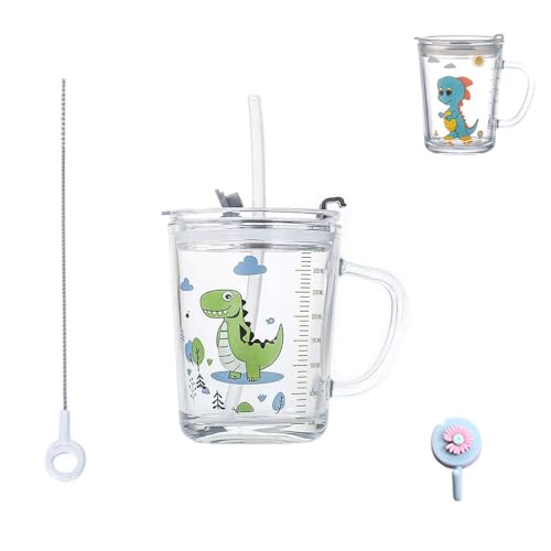 Taza de Leche con Pajita, Tazas Medición Vaso Leche con Tapa Resistente al calor para jugo de leche para microondas,400 ml - Dinosaurio