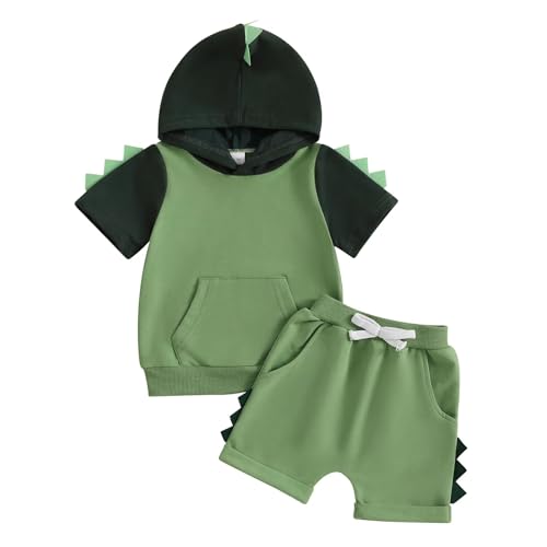 UUAISSO Ropa Para Bebé Niño Pequeño con Capucha Dinosaurio y Tiburón Conjunto Camisetas y Pantalones Cortos Manga Corta en Contraste Conjuntos Para Bebé Verde 18 24 meses