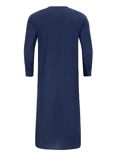 TURETRENDY Men's Linen Kaftan Thobe Long Sleeve Robe Gown Casual Longline T Shirts with Pocket Navy Blue S3