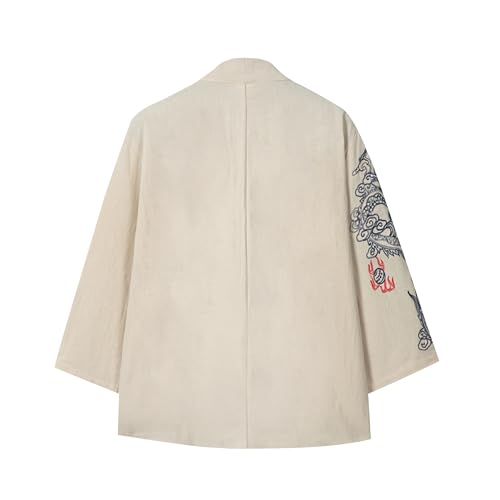 Image of Mens Japanese Kimono Cardigan Cotton Linen Haori Fashion 3 /4 Sleeve Yukata | Shawl Collar Kimono Jacket Robe Embroidery Patchwork Happi Coat Tie Pockets Lightweight Outerwear Daily Casual All Seasons
