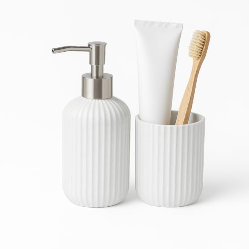 Image of LAGET Bathroom Accessories Set for Utility and Toothbrush Holder Bathroom Decor | Handwash Liquid Soap Dispenser Pump for Bathroom, Kitchen, Wash Basin, Sink Ribbed Design (White)