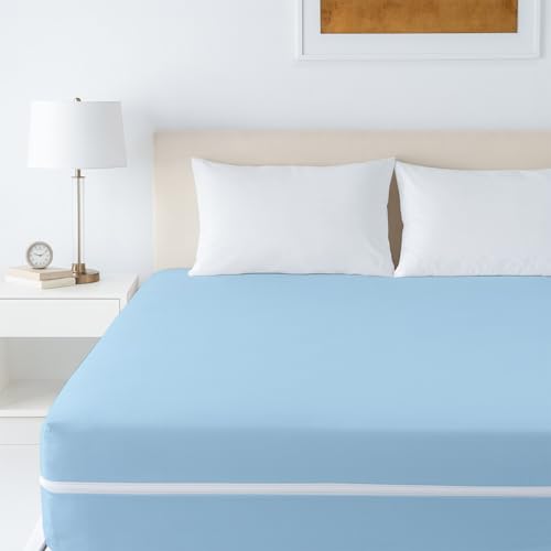 Image of Zipper Closure Style Mattress Protector Single Size 100% Waterproof Six-Sided Mattress Encasement for Bed 48x75 Inch Fit On 6 Inch 4X6.3 Feet Light Blue