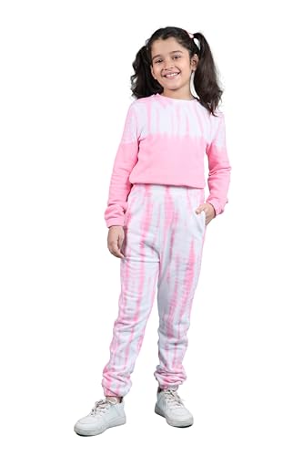 Image of Tweeny Mini Girls Kids Pure Cotton Terry Joggers Set | Tie Dye Co ord Set Winter Combo Outfit with Full Sleeves Sweatshirt and Pants | Relaxed and Comfortable Fittings