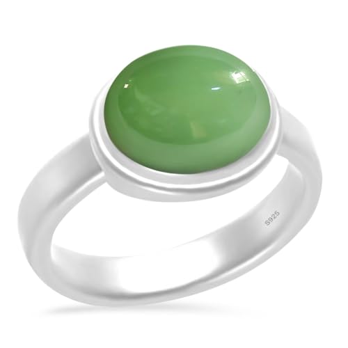 Sterling Silver Oval Green Dongling Jade Stone Ring,Simple Classic Natural Genuine Real Crystal Gemstone Quartz Gem Stone Ring Jewelry Gift for Women Her (A03_Dongling Jade, 10)