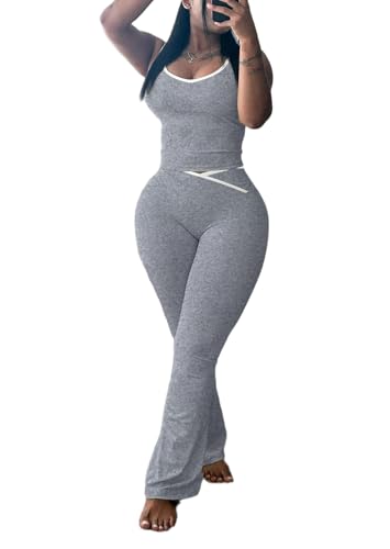 HBQ 2 Piece Sets For Women Summer Contrast Binding Backless Crop Tank Top and Flare Pants Lounge Sets Tracksuit-L-Grey