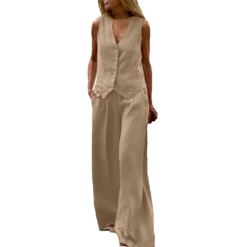 Women Fashion Solid Color V-Neck Button Sleeveless Vest Tops Wide Leg Pants 2-Piece Set