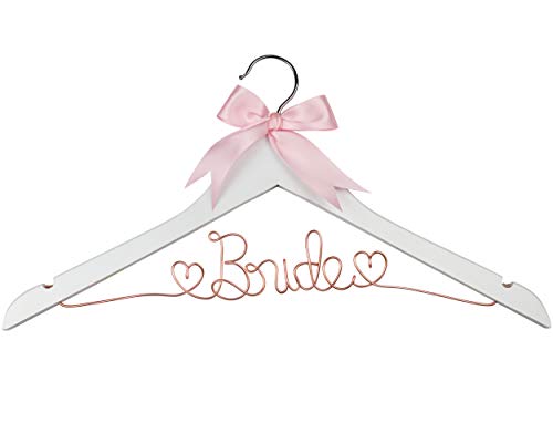 Bride to Be Wedding Dress Hanger, Hanger with Bride Wire for Wedding Gown in Anatto, White Wood, and Natural Wood, Perfect Gift for Bride on her wedding or Bridal Shower! (White Wood Rose Gold Wire)