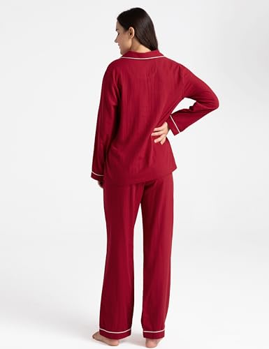 Image of Womens Muslin Pajama Set 100% Cotton Double Gauze Linen Like | Breathable Soft Comfort Button Up Loungewear Sleepwear PJ Set