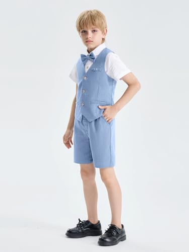 Image of LOLANTA Boys Linen Suit 4 Piece Summer Gentleman Outfit Kids Shorts Set