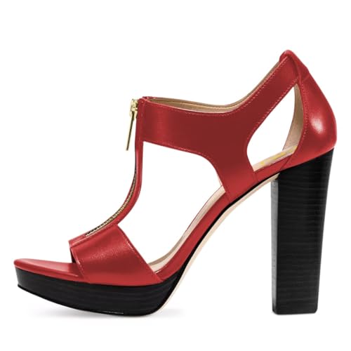 FSJ Women Peep Open Toe T-Strap Front Zipper Chunky Stacked High Heel Sandal Booties Platform Pumps Shoes Size 4-15 US3