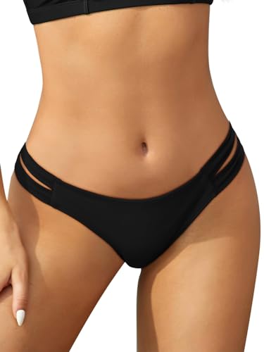 SHEKINI Womens Bikini Bottoms Low Rise Brazilian Thong Strappy Swim Bottom Retro Basic Modest Coverage Swimwear Shorts High Cut, Black, S