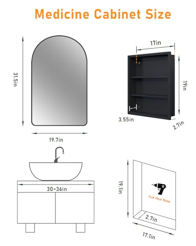 Image of 19.7 inchx31.5 inch Black Medicine Cabinet with Mirror and Organizer, Arched