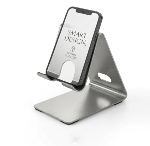 Image of iCare Stainless Steel Mobile Phone Holder Stand |Anti-Slip Silicone Grip| Laser Printed Customizable Premium Brushed Finish | Made in India|Desk Stand for Smartphones | Custom Logo Small Quantity