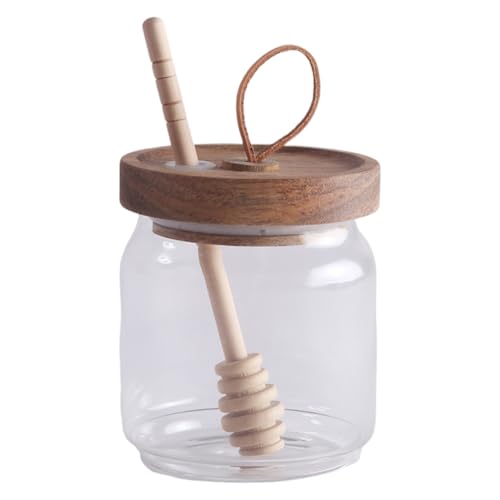 Tarro de vidrio para miel, recipiente de a prueba de fugas con cucharón y tapa, tarro de miel de vidrio transparente, para alimentos, mermeladas, cocina, restaurante, apartamento