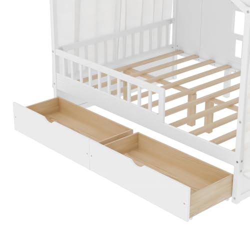 Image of Bellemave Full House BedFrame with Canopy and Storage Drawers, Montessori Bed, House Bed with Rails for Kids, White