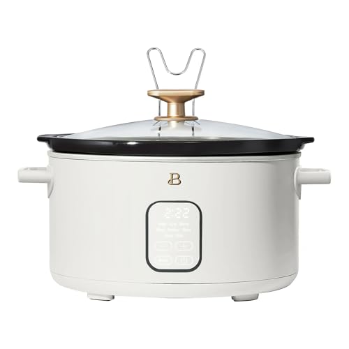 Beautiful 6 Qt Programmable Slow Cooker by Drew Barrymore - 5 Preset Cooking Functions, Digital Countdown Timer, Dishwasher-Safe Parts, and Cool-Touch Handles (White)