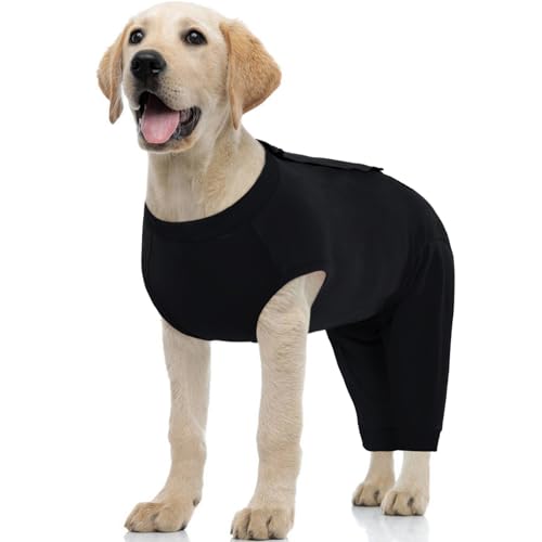 Image of Kuoser Dog Recovery Suit with Anti Licking Rear Leg Sleeve, Black M | Abdominal Dog Surgical Suit with Pants Cover Protect Wounds, Dogs Elbow Protector Soft Pet Surgery Onesie Cone Alternative