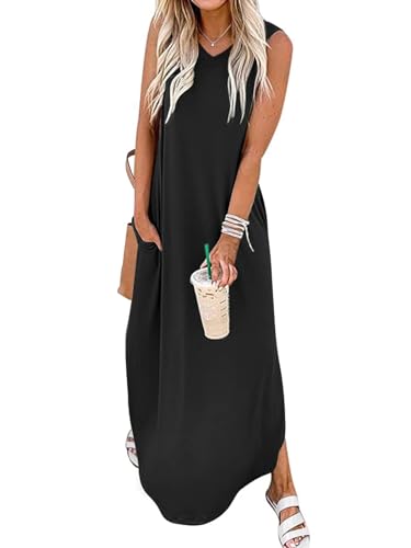 Chicrise Sommerkleid Damen Lang Maxi Strandkleid Ärmellos V Ausschnitt Maxikleid Mit Taschen Schwarz Groß 42-44
