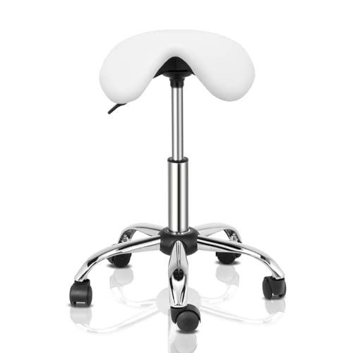 OmySalon Saddle Stool Rolling Chair,Ergonomic Saddle Chair with Swivel Wheels,Adjustable Hydraulic Stylist Cutting Stool for Tattoo Facial Massage Salon Medical Spa,Whit