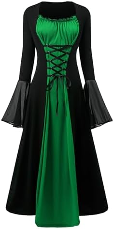 YRTBGD Renaissance Kostüm Frauen mit Trompetenärmel Gothic Kleid Damen Mittelalter Kleidung Damen für Halloween Karneval (Grün, XL)