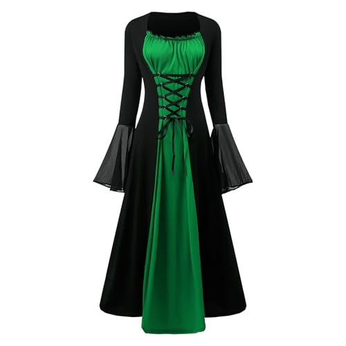 YRTBGD Disfraz renacentista para mujer, vestido medieval con mangas de trompeta, vestido gótico para mujer, ropa medieval para Halloween, carnaval, verde, XL