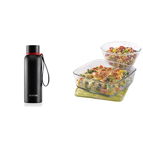 Image of Borosil - Stainless Steel Hydra Trek - Vacuum Insulated Flask Water Bottle, Black, 700ML & Borosil - Glass Mixing Bowl and Square Dish with Lid Set, 2-Pieces, Transparent