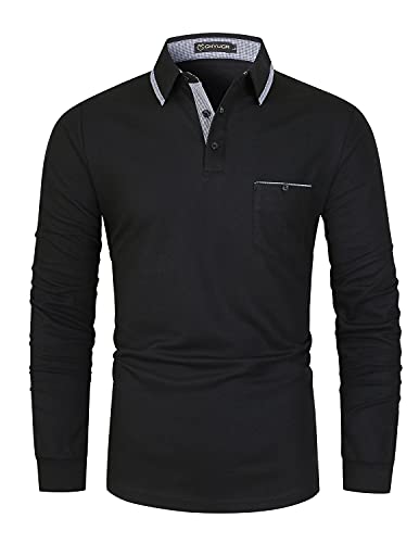 GHYUGR Men's Polo Shirt Long Sleeve Plaid Splice Collar Golf Tennis T-Shirt,Black 1,XL