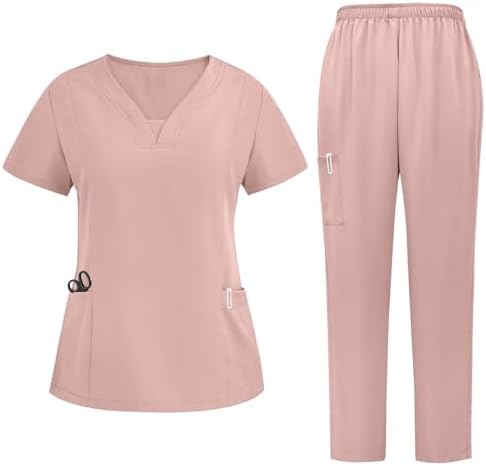 Women Scrubs Sets V-Neck Stretch Scrub Top & Drawstring Scrub Pant Nursing Uniforms Scrubs Sets with Pockets