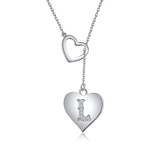 A - Z Heart Initial Necklace, 14K White Gold Plated Letter Necklace Y-Necklace Silver for Women Girls, Adjustable Heart Initial Cubic Zirconia Alphabet Necklace with Gift Box Card