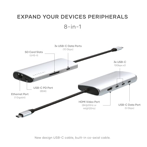 Image of Satechi 8 in 1 USB C Hub Multiport Adapter V3, 8K HDMI, 100W Charging, 4 USB Data Ports, Ethernet, SD Card Reader, for Laptop, for Mac /Windows, MacBook Air /Pro /Neo, iPad Air /Pro - Silver