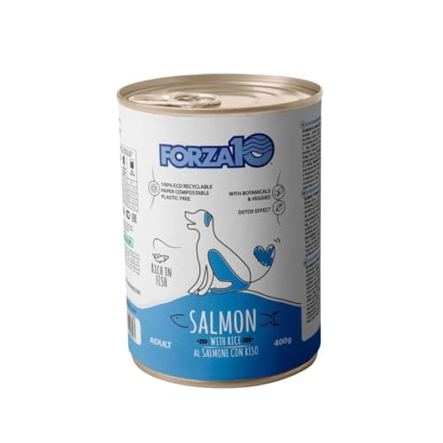 Forza 10 Umido Cane gusto SALMONE e riso, alimento completo di mantenimento per cani adulti di tutte le taglie e razze, for dogs, salmon | 6 scatolette da 400 grammi l'una.
