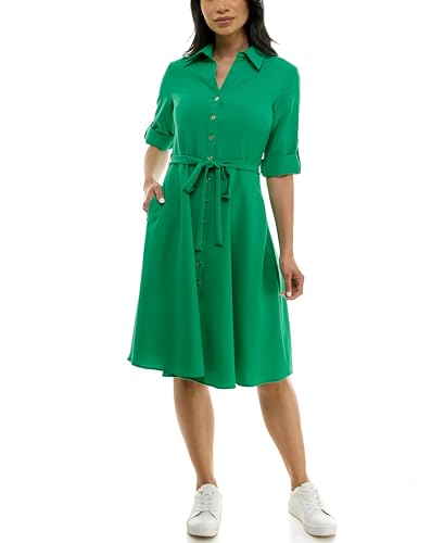 Image of Sharagano Women's Pleated Shirt Dress - 3 /4 Sleeve, V-Neck, Gold Buttons